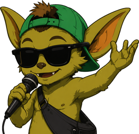 Goblin — a grinning green goblin in sunglasses and a backwards cap — waving with a microphone in hand